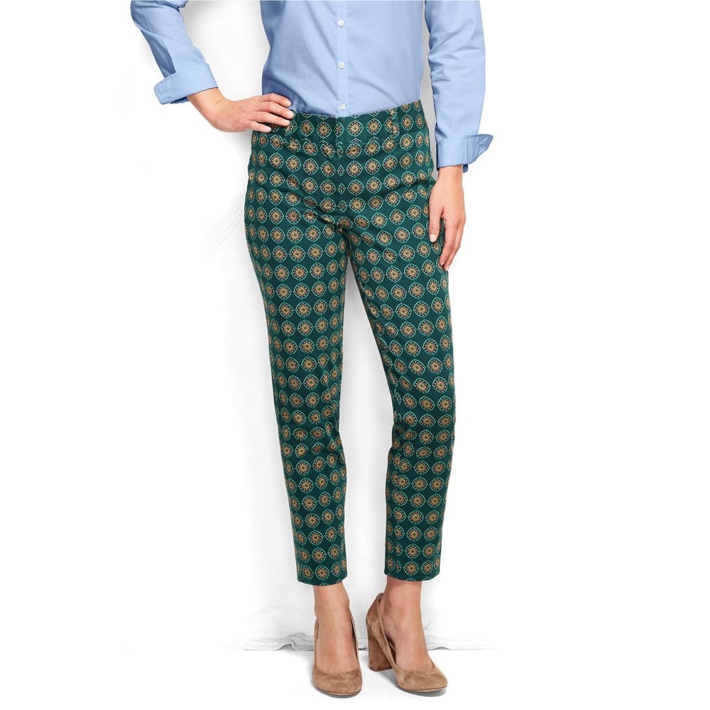 LANDS END Fit 2 Twill Pants Drake Green Print medallion design 10